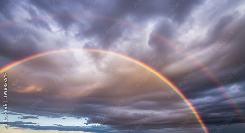 Fototapeta premium Spectacular Double Rainbow Arching Across a Dramatic Stormy Sky After Rainfall, Nature's Vibrant Display