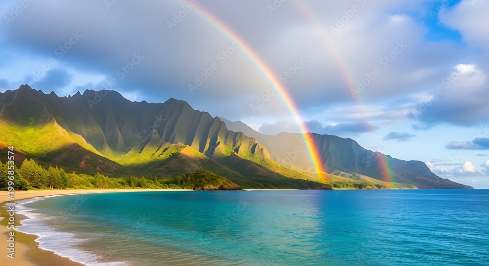 Fototapeta premium Majestic tropical paradise beach featuring a vibrant double rainbow over lush green mountains and serene waters