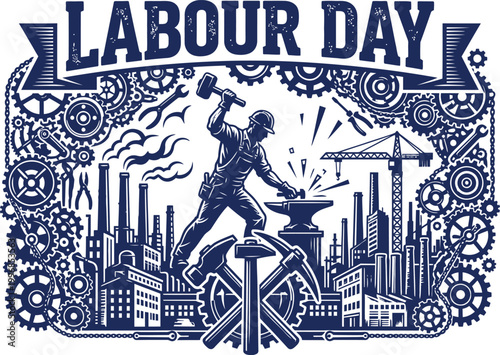 labour day illustration with industrial worker and machinery