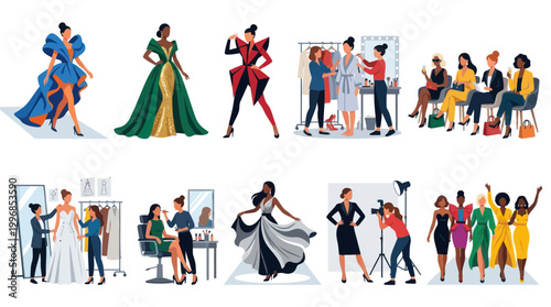 Flat Vector Illustration: Fashion Industry Professions, Design Process, and Models