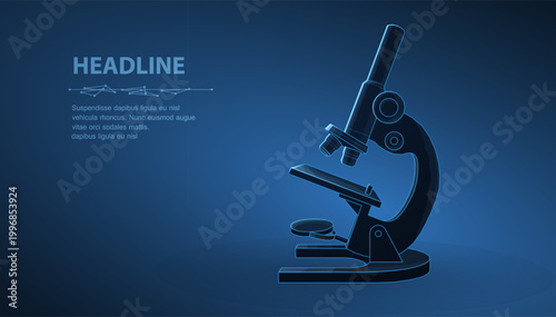 Microscope. Abstract vector 3d professional school microscope isolated on blue background. Science laboratory, medical equipment concept. Lab research, microbiology analyze, clinical diagnostic symbol