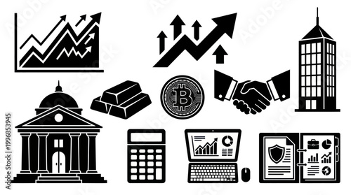 Black and White Glyph Finance Business Investment Economy Icons Set