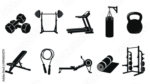 Fitness Equipment Icons Set - Black  White Glyph Style
