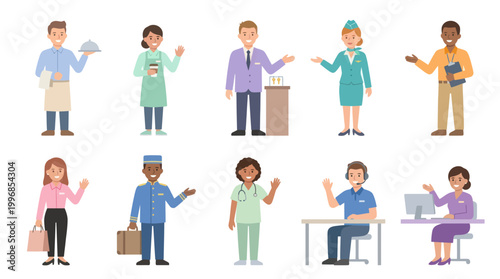 Diverse professionals in uniform, representing hospitality, healthcare, and customer service