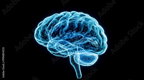 Glowing Blue Human Brain Illustration on Black Background