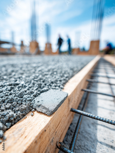 Fresh concrete being poured into wooden formwork with steel rebar at a construction site.