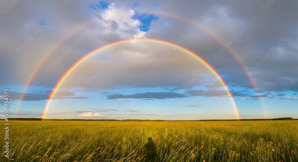 Obraz premium Vivid Double Rainbow Arches Over a Lush Green Field Under a Dramatic Cloudy Sky