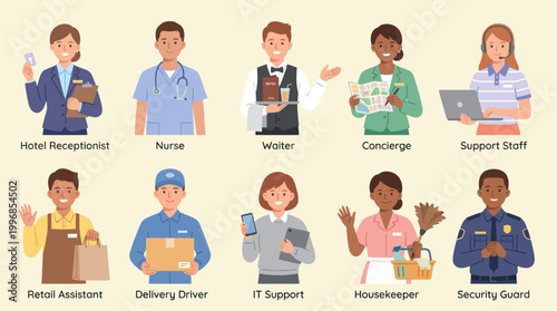 Flat Vector Icons of Diverse Professionals in Service Industry Roles