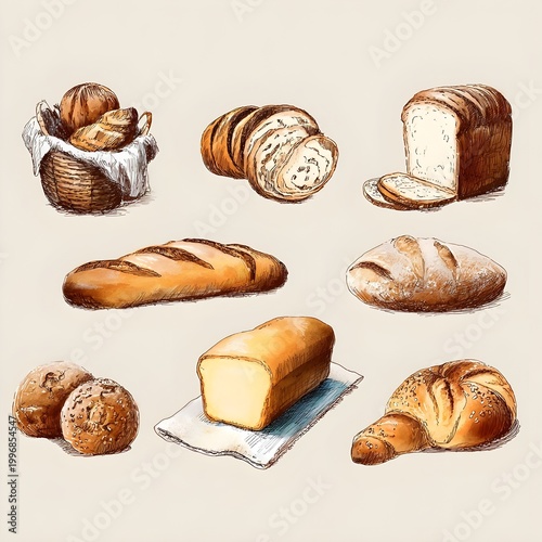 Hand-drawn illustration of various bread and baked goods