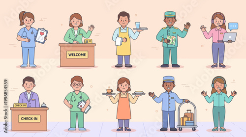 Flat Style Vector Illustration of Hotel and Service Industry Professionals