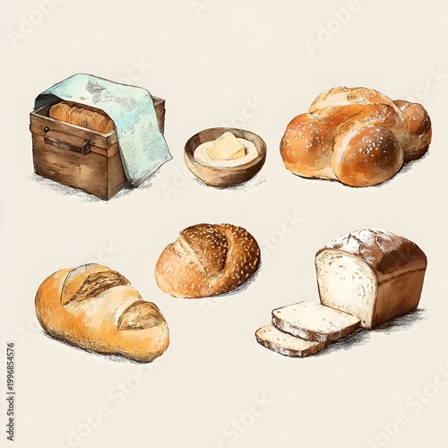 Hand-drawn illustration of various bread and baked goods