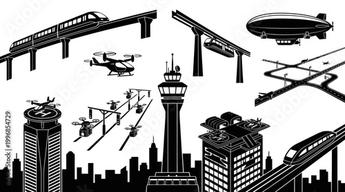 Future Urban Transportation Systems  Infrastructure Black and White Glyph Vector Art