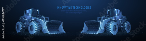 Loaders. Two abstract 3d wheel heavy loader poligonal illustration on blue. Construction machinery equipment, earth building bulldozer, earthmoving machine technology, industrial construction concept