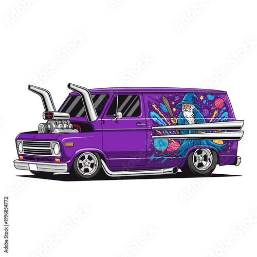 Custom Purple Hot Rod Van with Wizard Cosmic Art Illustration