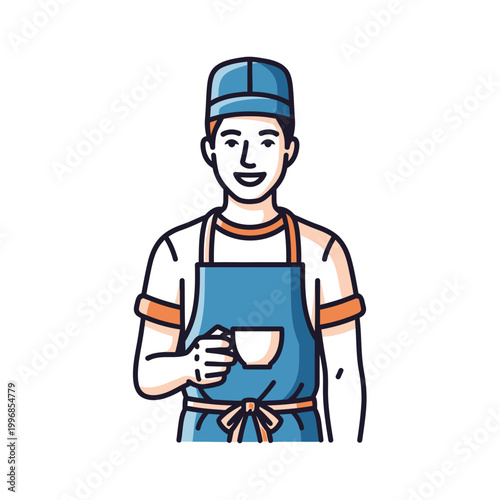Friendly Male Barista in Apron Holding Coffee Cup Cartoon Illustration