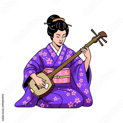 Japanese Woman in Purple Kimono Playing Traditional Shamisen Instrument
