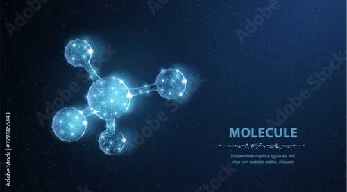 Molecule. Abstract futuristic micro molecule structure with sphere on blue background. Science, research, chemistry, biotechnology, medical concept illustration or background