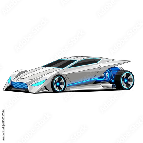 Sleek Futuristic White Car with Blue Neon Glow Accents