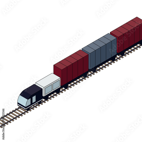 線路の上を走るアイソメトリック図法の貨物列車のイラスト。物流系の素材。