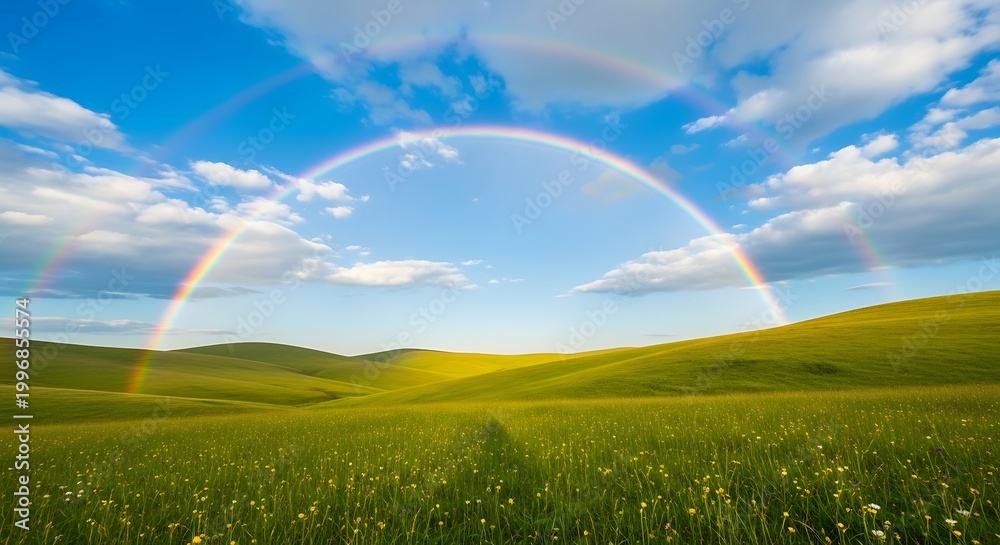 Fototapeta premium Vibrant double rainbow arches over rolling green hills under a bright blue sky with fluffy clouds