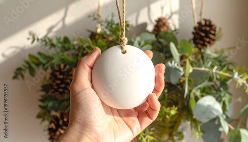 Hand holding a white ceramic Christmas ornament with pine cones and greenery.