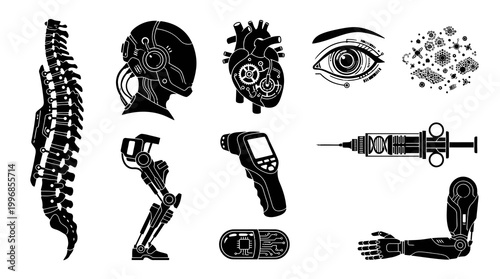 Black  White Cyborg Elements: Spine, Head, Heart, Eye, Leg, Syringe, Arm