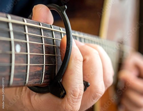 Close-up of a hand with a black clamp on the strings of a wooden, acoustic instrument; fingers positioned