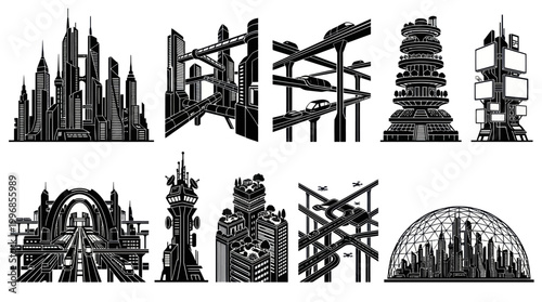 Futuristic Cityscape Vector Art: Future Buildings, Transport, and Domes