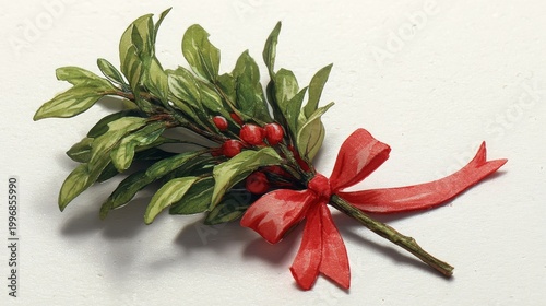 74.Small bundle of mistletoe and holly tied neatly with a soft red bow, subtle shading and gentle color transitions creating a lightly aged, timeless appearance.