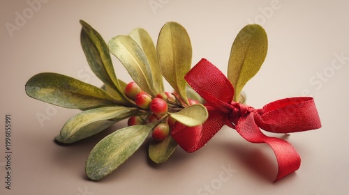 74.Small bundle of mistletoe and holly tied neatly with a soft red bow, subtle shading and gentle color transitions creating a lightly aged, timeless appearance.