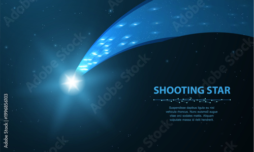 Shooting star. Falling comet with glow on dark blue background with dots and stars. Astronomy, magic, fantasy, lucky wish concept illustration or background