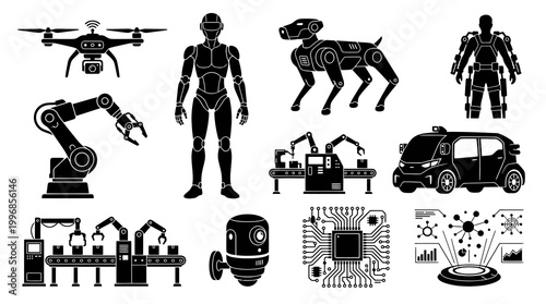 Robotics, AI, and Automation Technology Icons. Future Tech Glyph Silhouette Set.