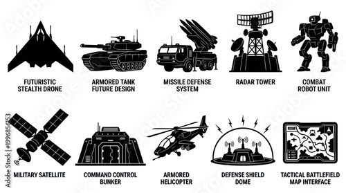 Military Defense and Futuristic Warfare Technology Icons Set - Black  White Glyphs