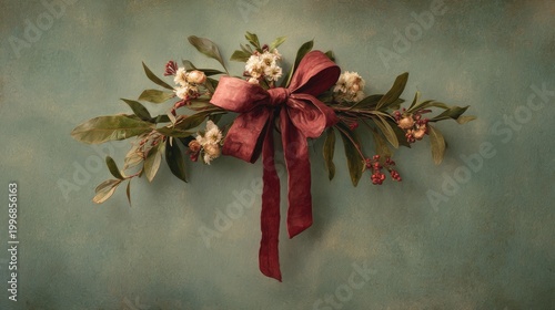 78.Timeless botanical arrangement hanging by a red bow, mistletoe and holly depicted with soft vintage textures, elegant composition with balanced muted tones.
