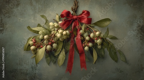 78.Timeless botanical arrangement hanging by a red bow, mistletoe and holly depicted with soft vintage textures, elegant composition with balanced muted tones.