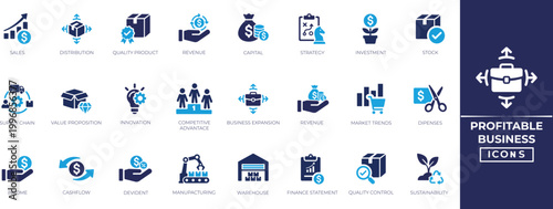 Profitable Business solid icon set for efficiency, strategy, success, expense, forecast, fund, management, marketing, and more. Solid icons collection.