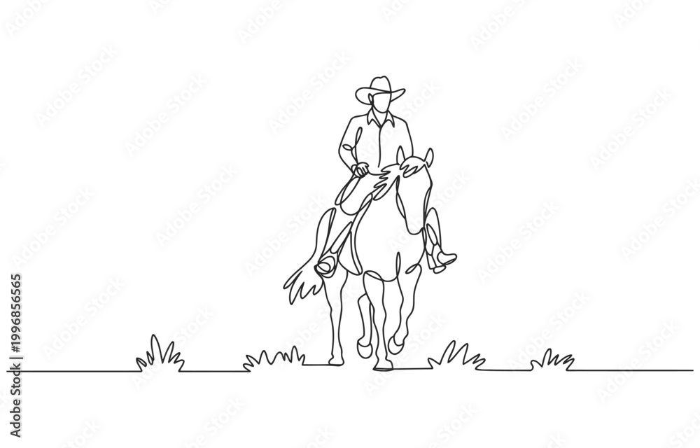 Fototapeta premium Line drawing of a cowboy riding a horse with line art white background one continuous hand drawn equestrian outdoors illustration minimalist isolated agriculture countryside