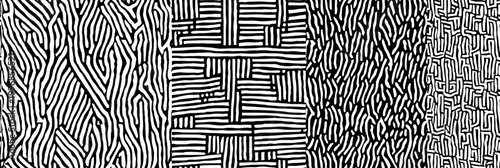 Abstract black line art creating a complex seamless labyrinth pattern on a white background. Black line art seamless pattern for design