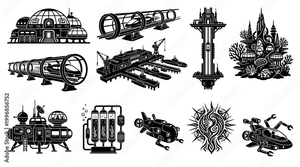 Obraz premium Futuristic City, Sci-Fi Transportation, and Technology Icons