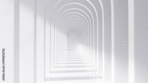 Minimal White Archway Corridor with Repeating Columns, Abstract Architectural Tunnel, Infinite Perspective Background, Futuristic Hallway Interior with Soft Light and Shadows