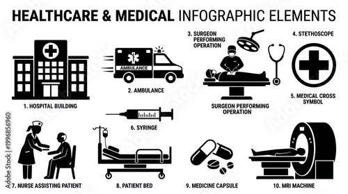 Healthcare and Medical Infographic Elements Black White Glyph Vector Icon Set