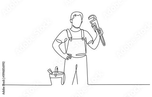 Plumber with pipe wrench and tool bag single line continuous line white background one person tool belt service industry occupations craftsman tradesman repairman handyman industry