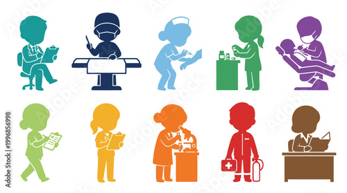 Medical professions icons: doctor, surgeon, nurse, dentist, pharmacist, scientist, medic