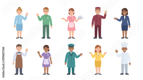 Flat Design Hospitality and Hotel Staff Characters Set - Receptionist, Bellhop, Chef, Waiter