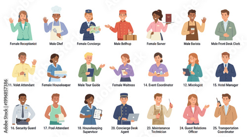 Flat Illustration of Hotel Staff Roles, Hospitality Industry Professions