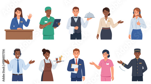Diverse professionals in service industries, flat vector illustration