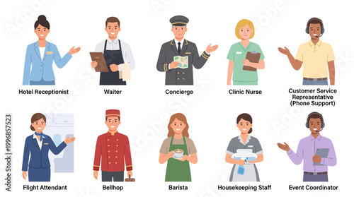 Diverse Service Professionals Vector Icons: Hospitality, Healthcare, Customer Service