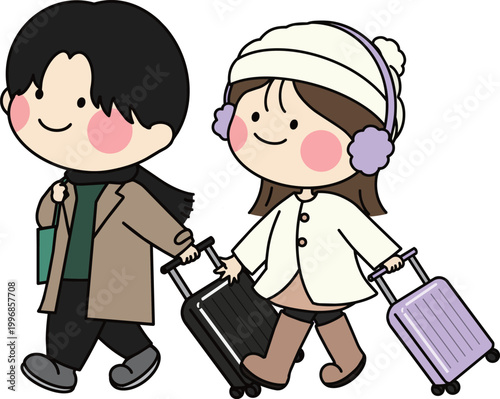 スーツケースを持って冬の旅行に出かける可愛い男女カップルのイラスト