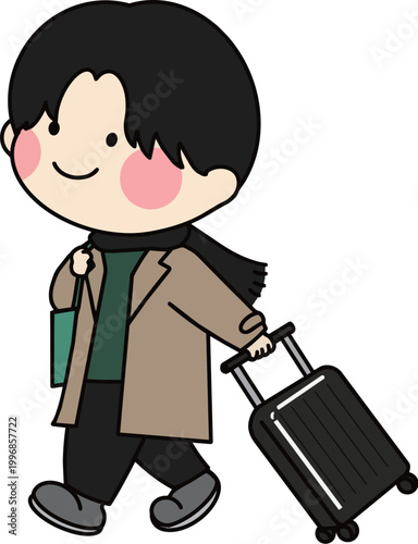 スーツケースを持って冬の旅行に出かける可愛い男の子のイラスト