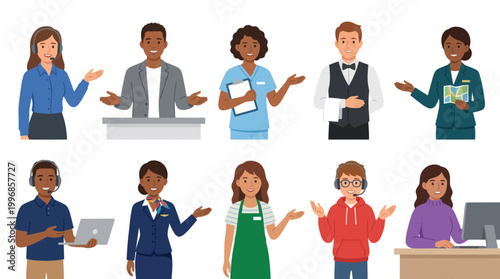 Diverse Service Workers In Flat Design: Call Center, Speaker, Nurse, Waiter, Guide, Flight Attendant